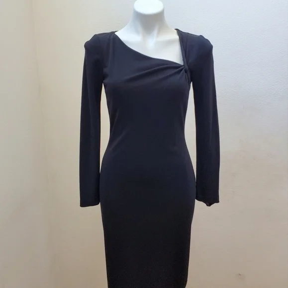 David Meister Black Long Sleeve Dress With Asymmetrical Neckline Size 2 - Picture 3 of 11